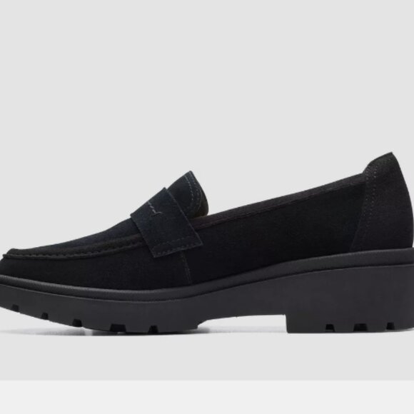 Clarks CALLA EASE SUEDE- BLACK Lug Sole Loafers NWT - Picture 8 of 11